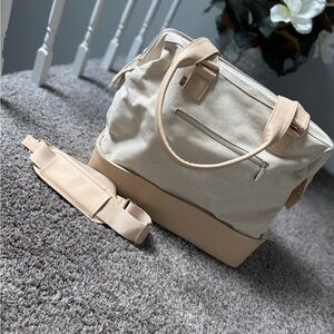 Beis Canvas & Leather Two-Tone Weekender Bag in Cream and Tan Like New